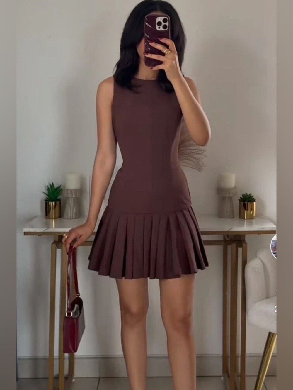 Zara Sleeveless Brown Pleated Hem Dress